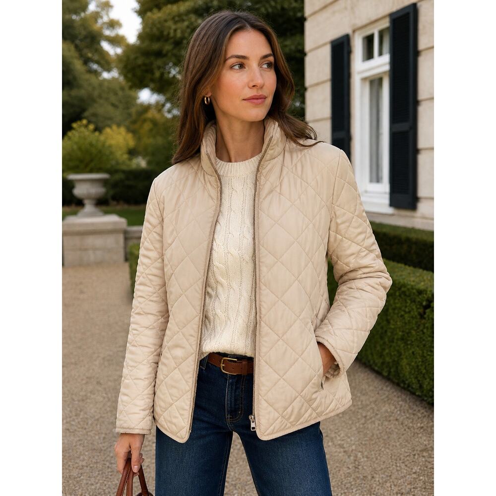 Lauren Ralph Lauren Quilted Jacket Beige Tan Zip Front Womens Petite Small